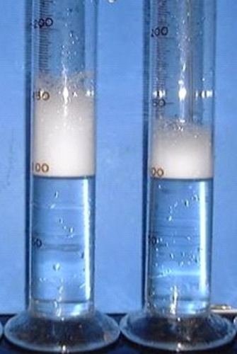 水道水と軟水の洗剤の泡立ちの違い、右：水道水（全硬度：50mg/L）、左：水道水を軟水機でろ過した水（全硬度：1mg/L）